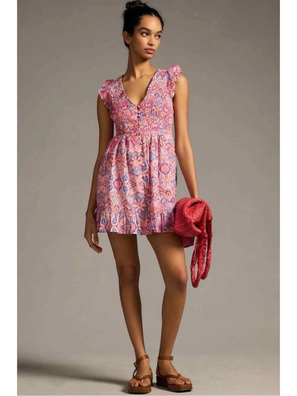 Anthropologie Pink Paisley Ruffle Mini Dress